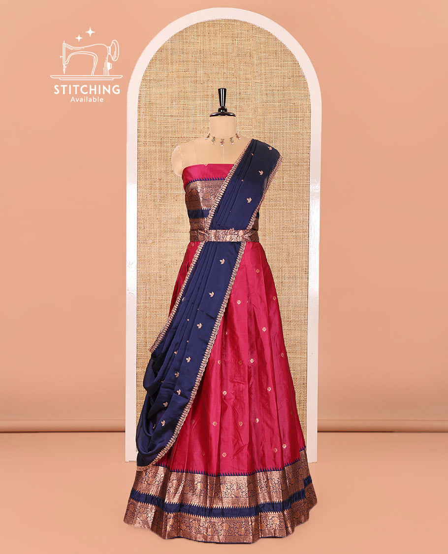 Pink-Blue Semi-Banarasi Half-Saree Subtly Sparkled with Zari Buttas on Its Skirt, Complemented by a Contrast Traditional Zari Temple Rettai Pettu Border, Paired with a Matching Blouse, and a Satin Georgette Embroidered Scallop Dhavani