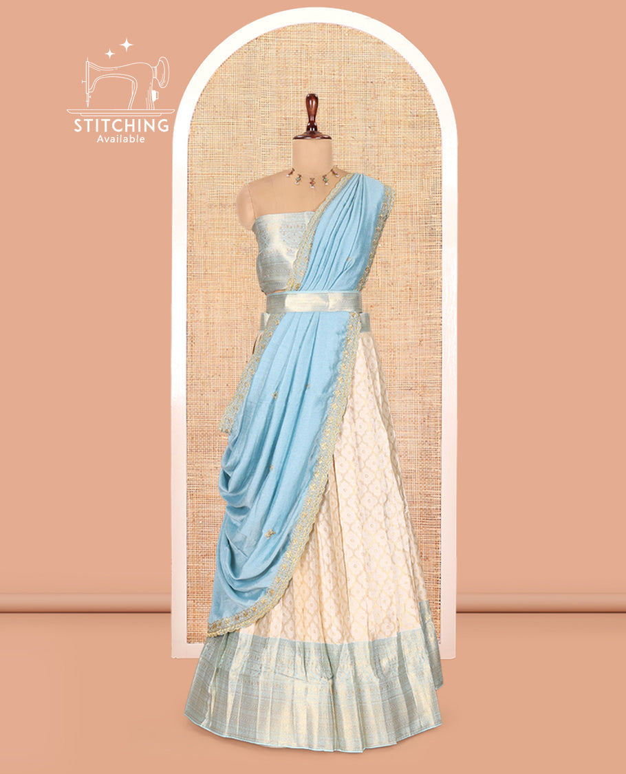 Cream-Sea Blue Semi-Silk Half-Saree