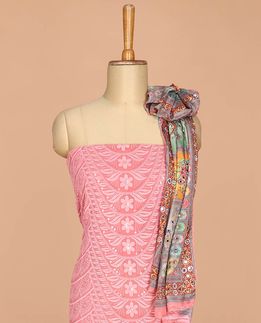 Dusty peach shifli , sequins work, floral design georgette chudidhar material top with american crepe pant & chinnon material diagital print, mirror work dupatta