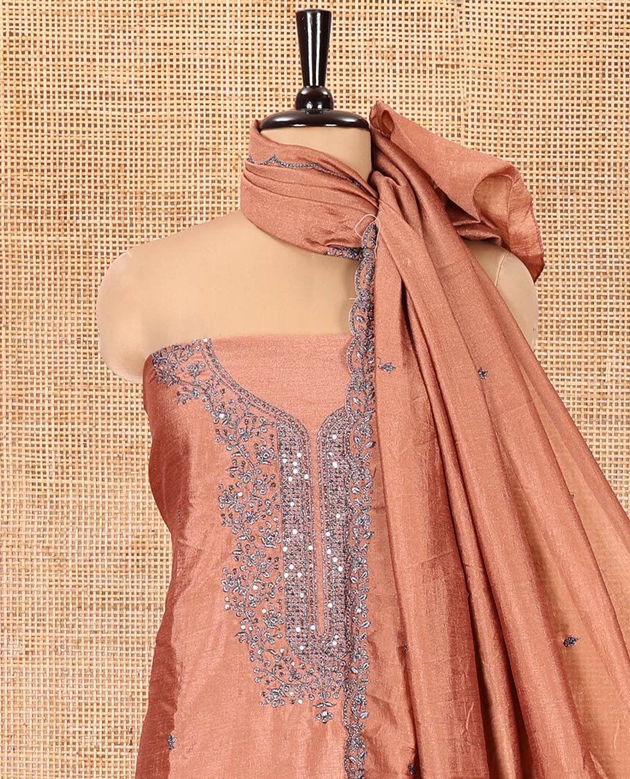 Onion Pink Vichitra Silk Material Chudidar Set, Adorned with Embroidered Top, a Plain Santoon Bottom, and Paired with a Matching Vichitra Silk Embroidered Scallop Dupatta