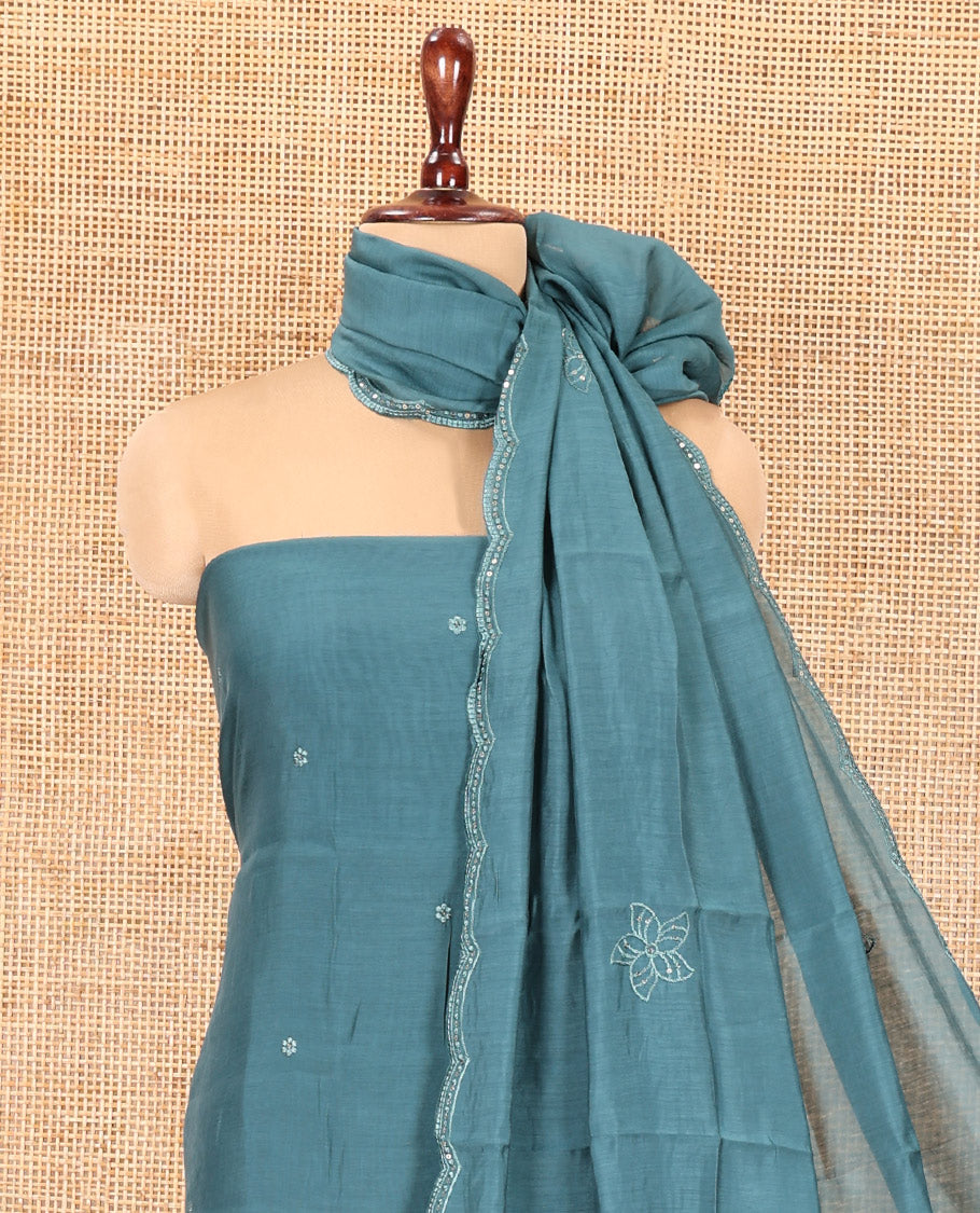 Sea Blue Mul Chanderi Material Chudidar Set, Floral Embroidered Top, Plain Bottom, and Scallop Embroidered Dupatta