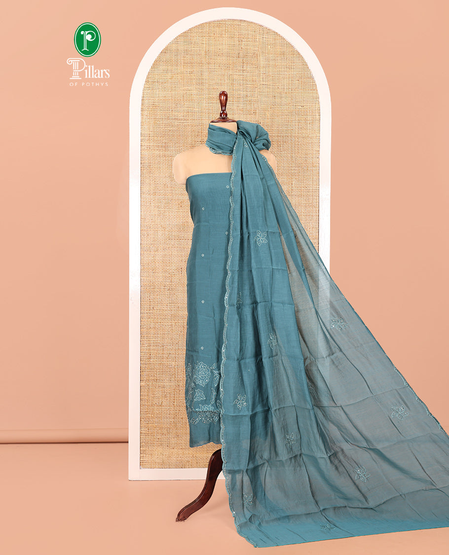 Sea Blue Mul Chanderi Material Chudidar Set, Floral Embroidered Top, Plain Bottom, and Scallop Embroidered Dupatta