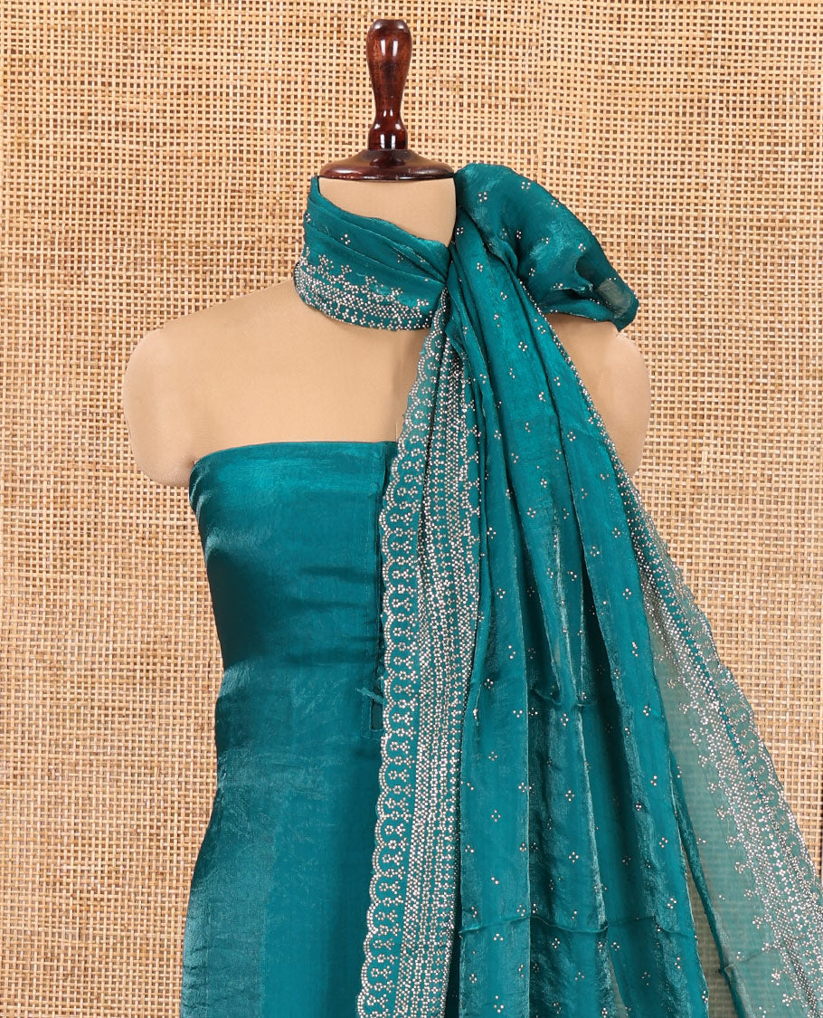 Rama Green Fendi Organza Material Chudidar Fetaures Pom-Pom-Neckline Top, Plain Bottom, and Scallop Embroidered Dupatta