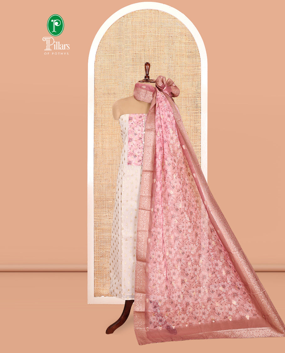 Cream-Pink Banarasi Tissue Chanderi Material Chudidar, Buttas Top, Contrast Bottom, Floral Print Dupatta