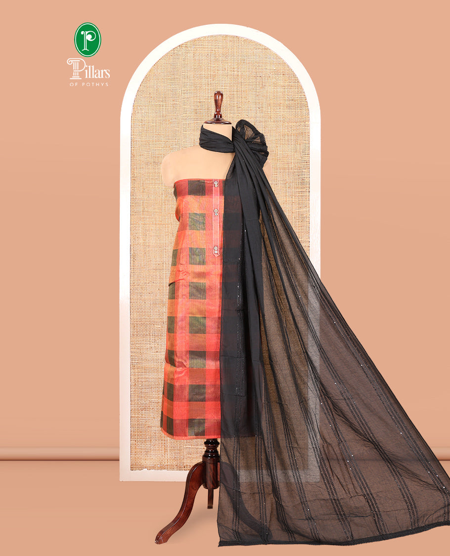 Multi-Color Shimmer Tissue Material Churidar, Spotlighted with Madras Checks Neckwork Top, a Contrast Bottom, Sequins Striped Dupatta