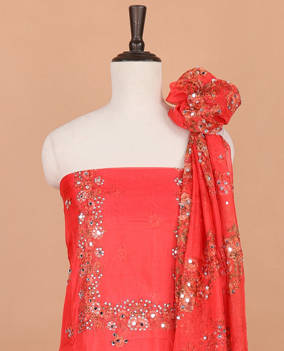 Red floral print, stone, mirror work organza chudidhar material top with santoon material pant & floral print, mirror work dupatta