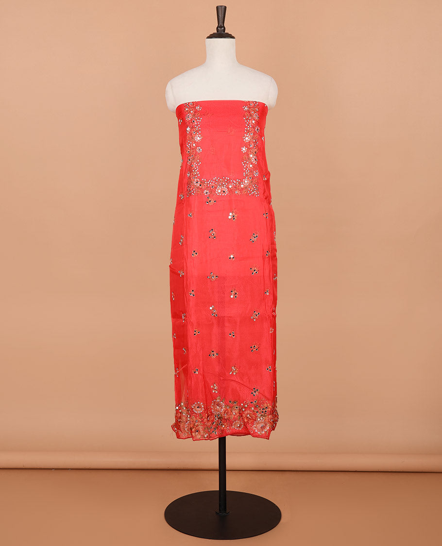 Red floral print, stone, mirror work organza chudidhar material top with santoon material pant & floral print, mirror work dupatta