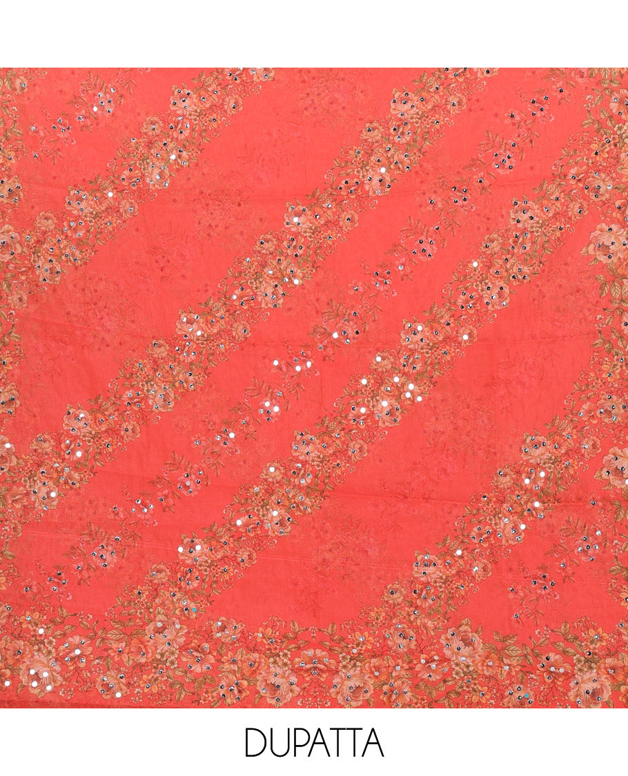 Red floral print, stone, mirror work organza chudidhar material top with santoon material pant & floral print, mirror work dupatta