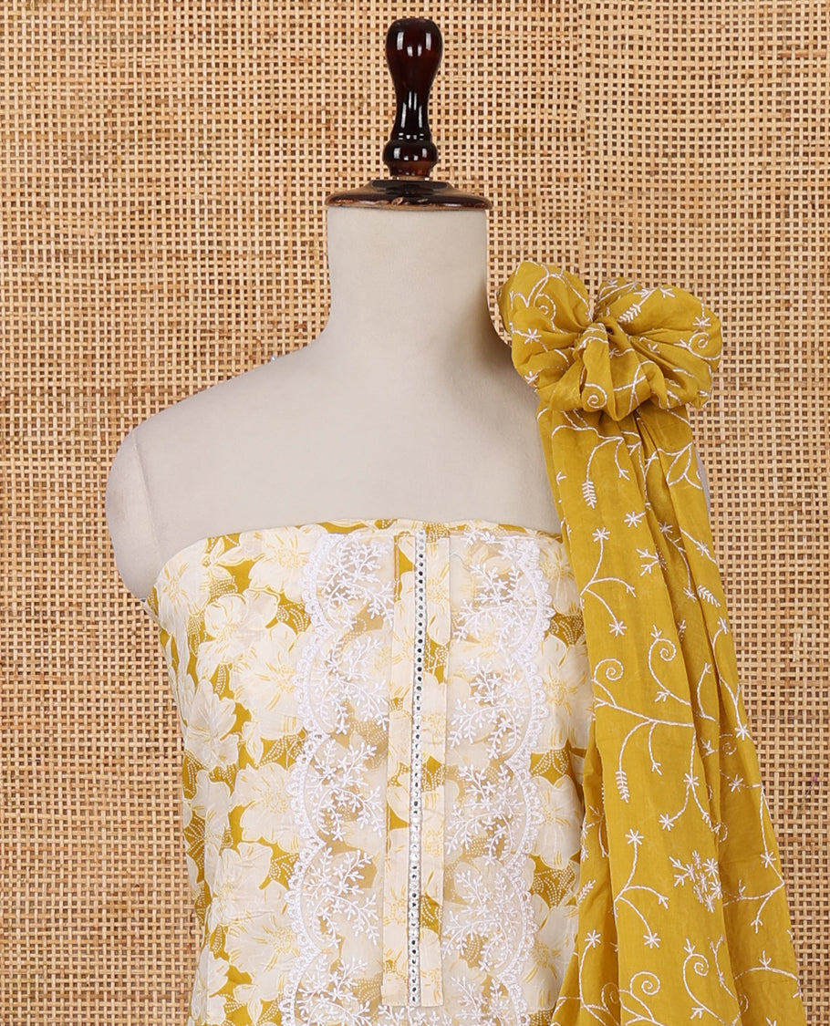 Mustard cotton chudidar material set,floral print with daman floral neck embroidery top,plain bottom & floral jaal embroidery dupatta