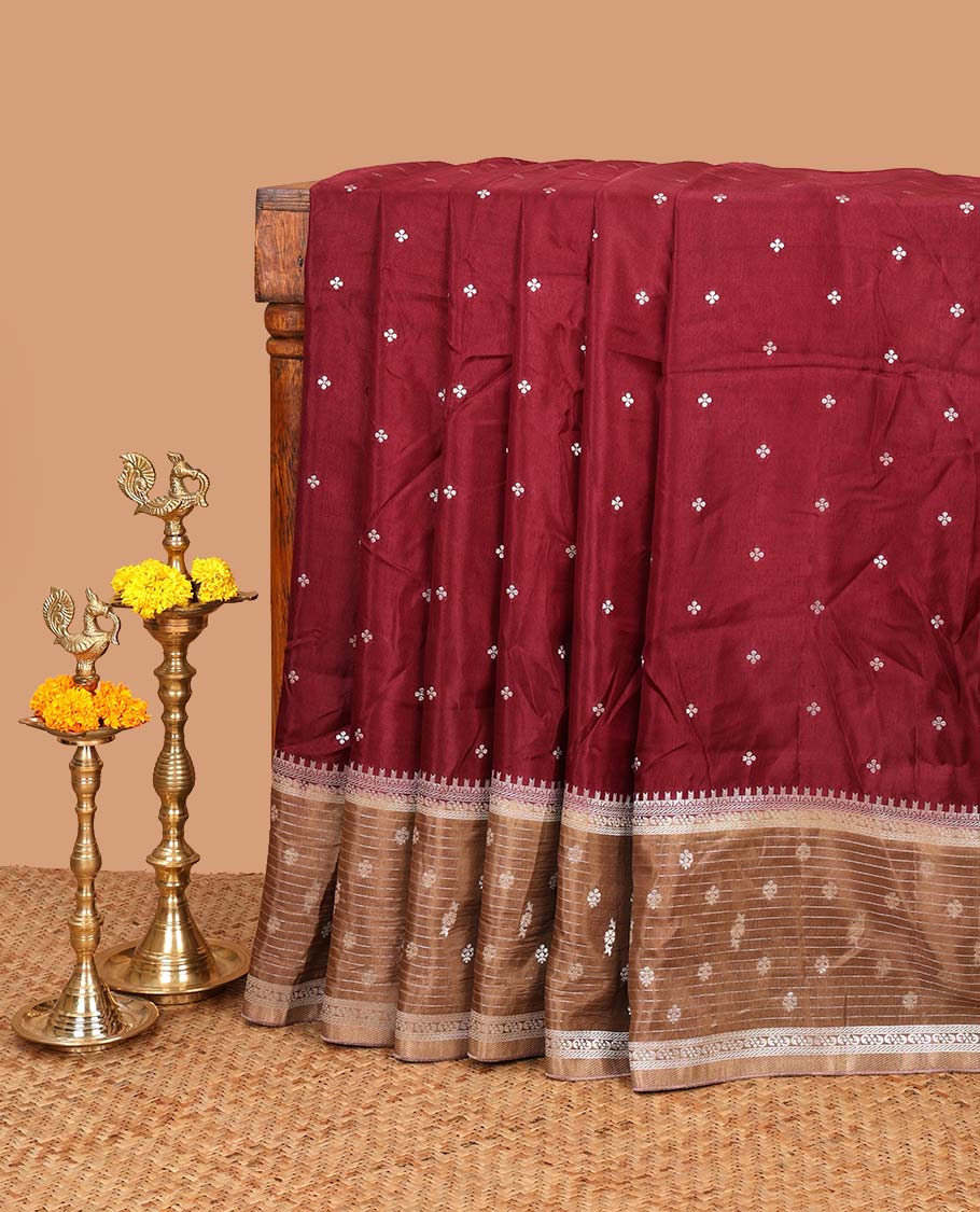 Maroon zari dola silk saree with banaras border & rich pallu along with plain blouse