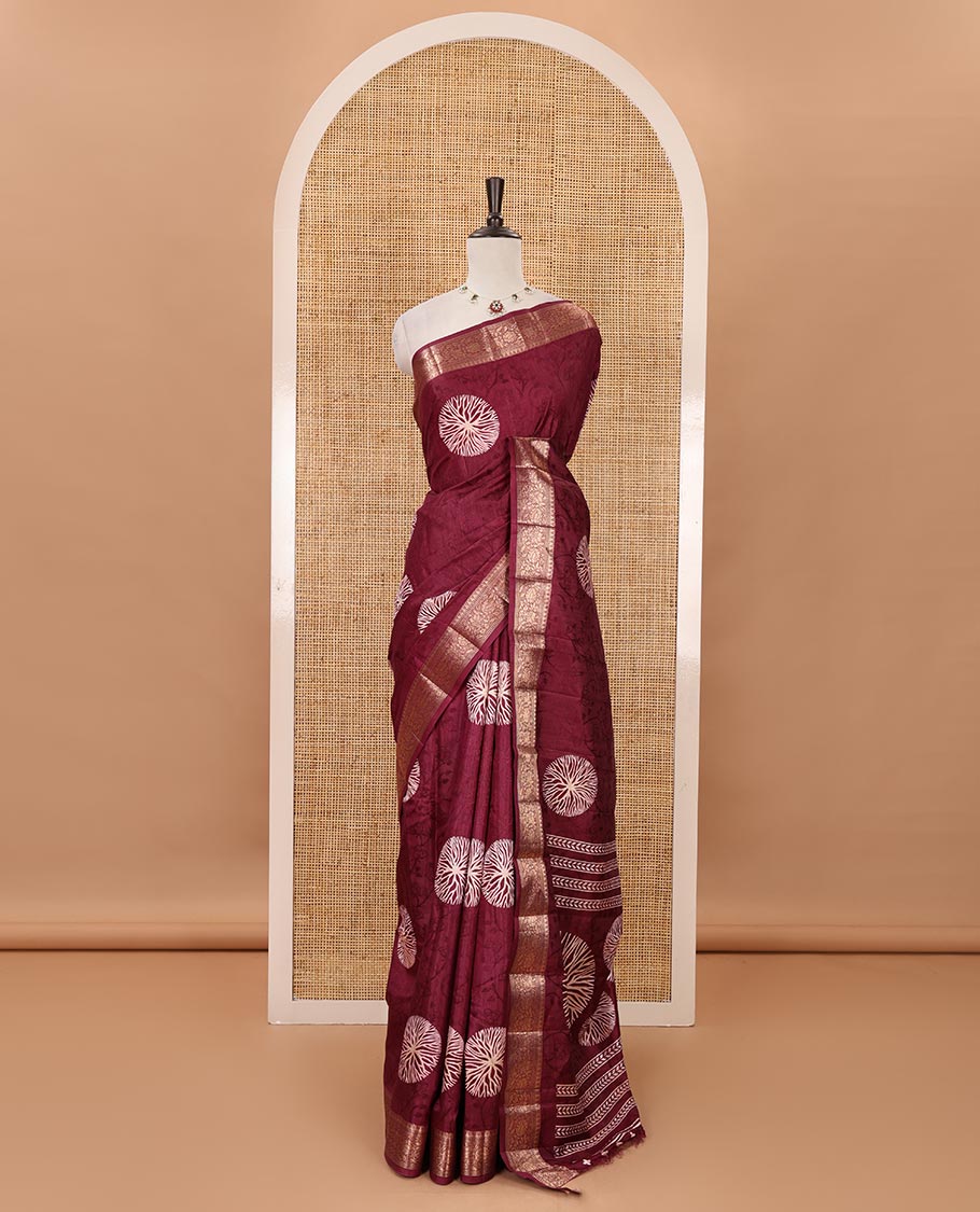 Jamun pink shibori printed fancy tussar saree, traditional zari border, shibori printed pallu & matching printed blouse with zari border