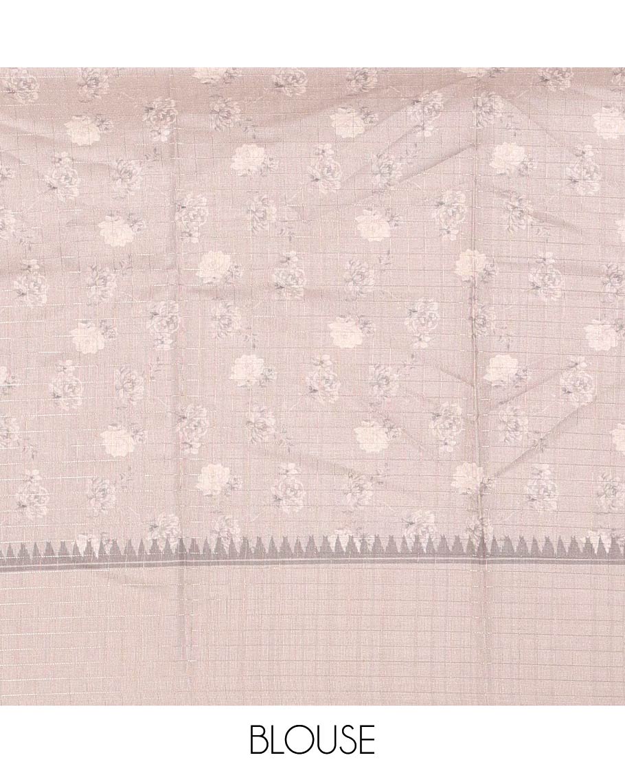Wine floral motifs printed fancy tussar saree, contrast temple checked border, checked pallu, and a contrast checks and floral printed blouse