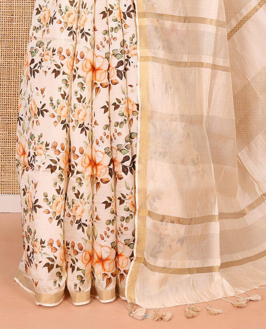 Half-white floral motifs digital printed banana pith saree, piping border, striped pallu, and floral printed blouse