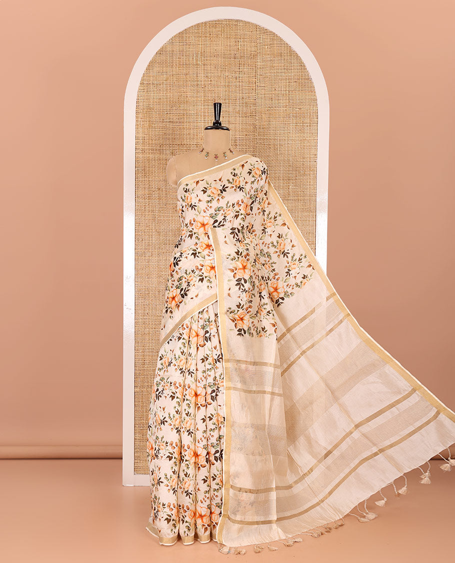 Half-white floral motifs digital printed banana pith saree, piping border, striped pallu, and floral printed blouse