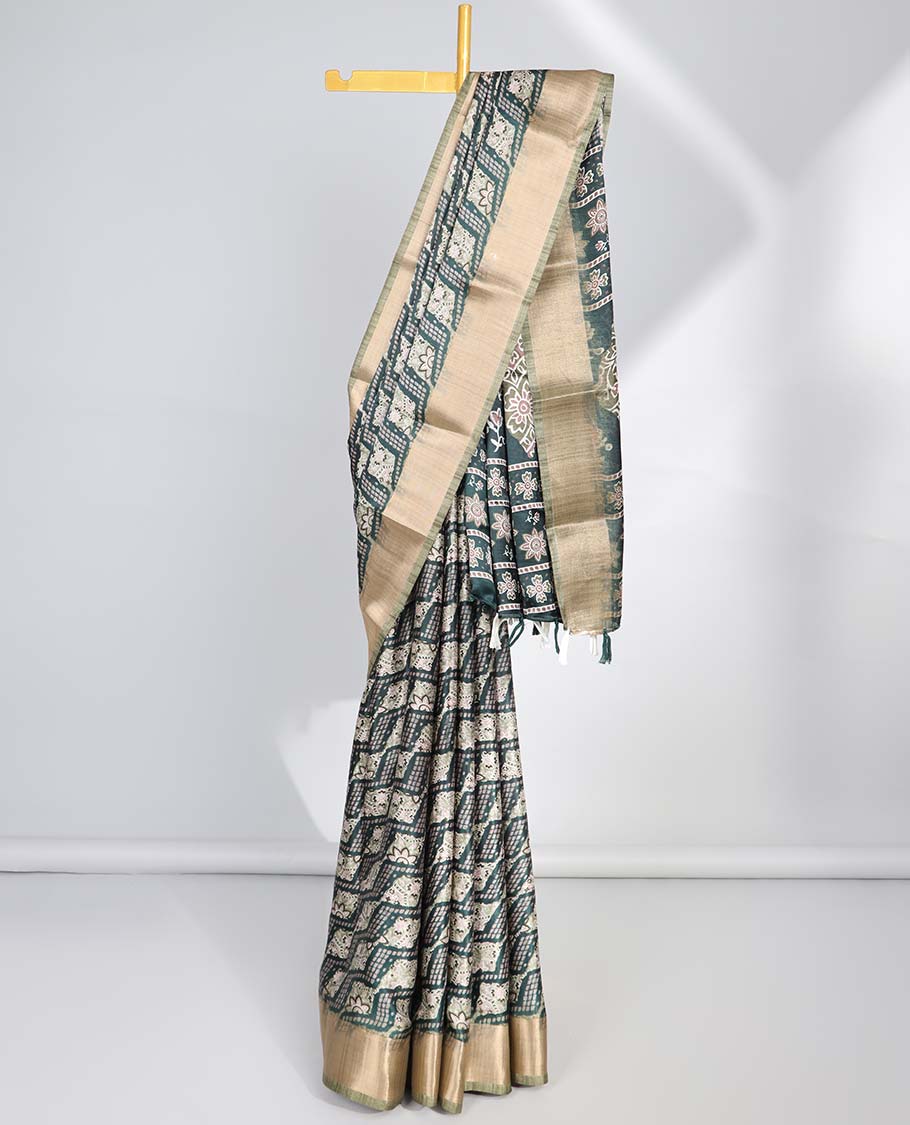 Green argyle design semi-banaras printed saree with contrast zari border & floral motifs pallu