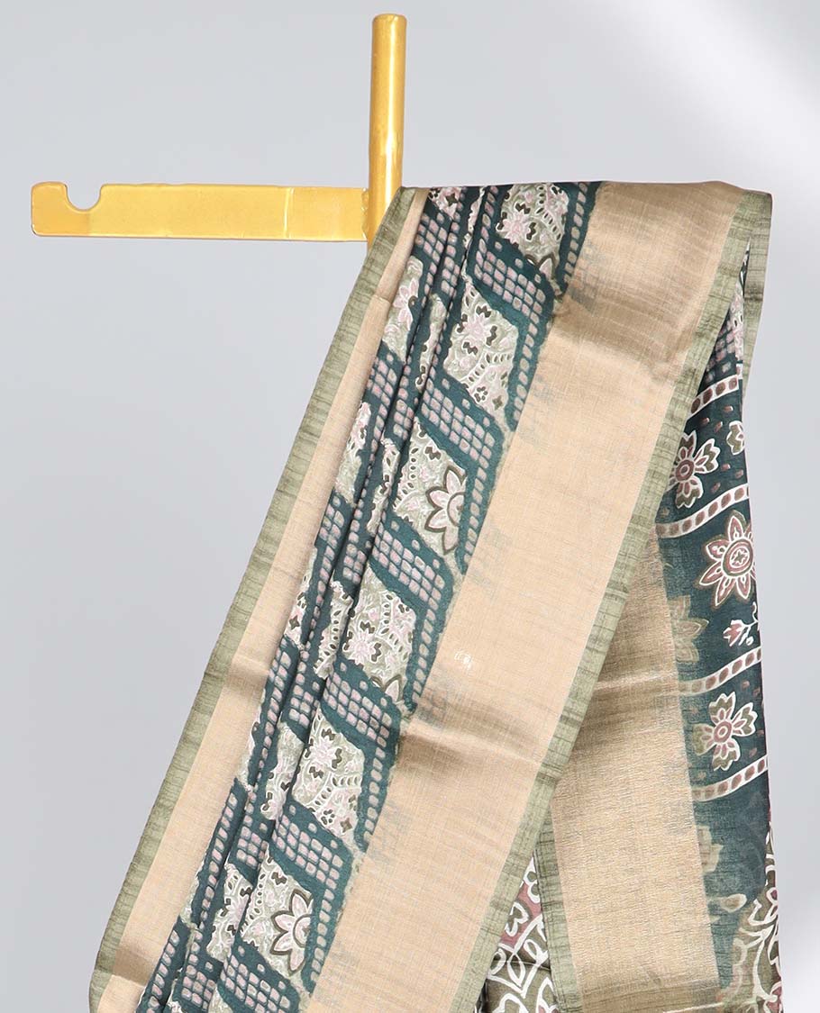 Green argyle design semi-banaras printed saree with contrast zari border & floral motifs pallu