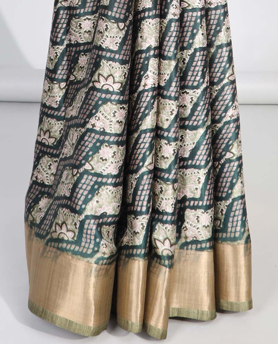 Green argyle design semi-banaras printed saree with contrast zari border & floral motifs pallu