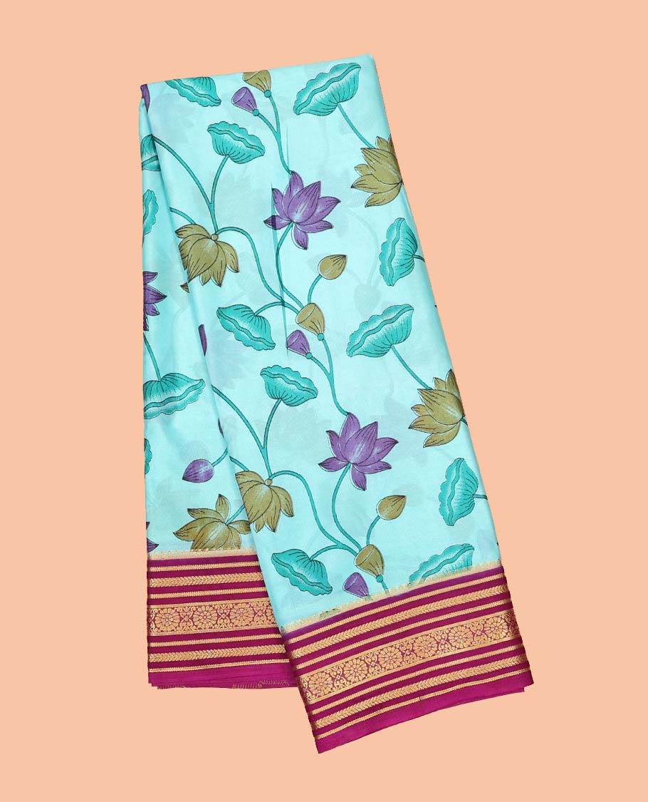 Blue pichwai-style floral vine printed semi-banaras printed saree, contrast traditional design border & striped pallu