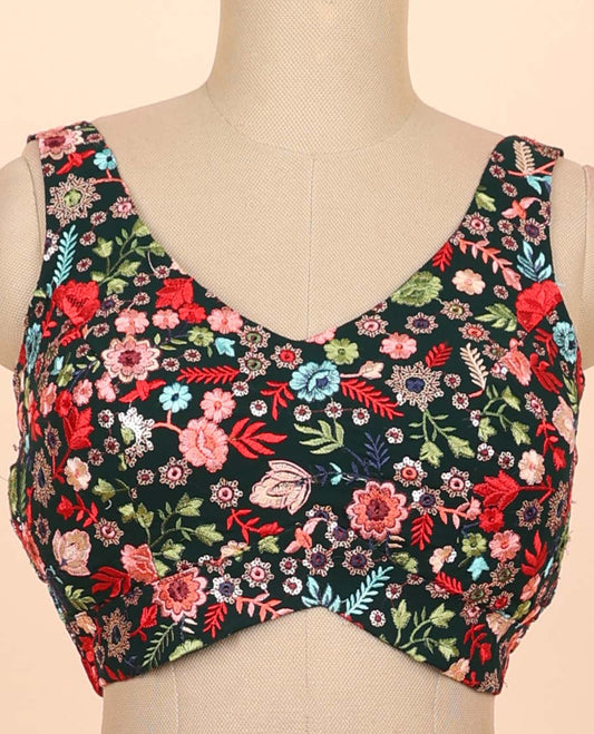 Dark green floral embroidered front & back deep v-neck raw-silk readymade sleeveless blouse
