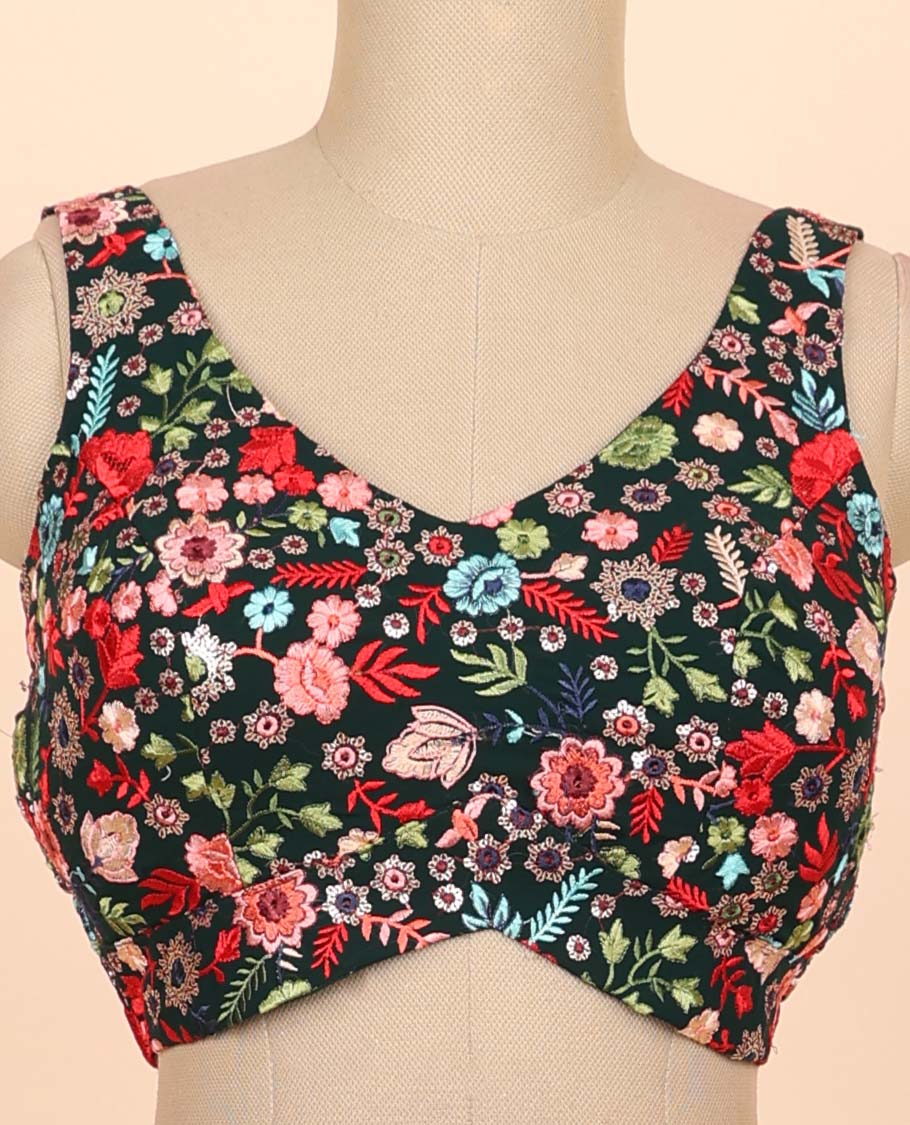 Dark green floral embroidered front & back deep v-neck raw-silk readymade sleeveless blouse