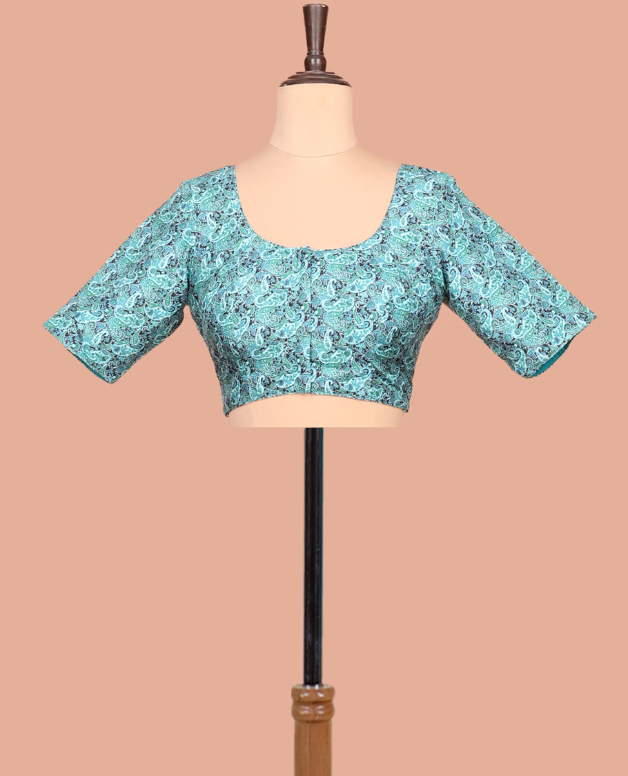 Blue Readymade Blouse Featuring Paisley Print, a Front Round-Neck, Back Round-Neck, and Elbow Sleeves