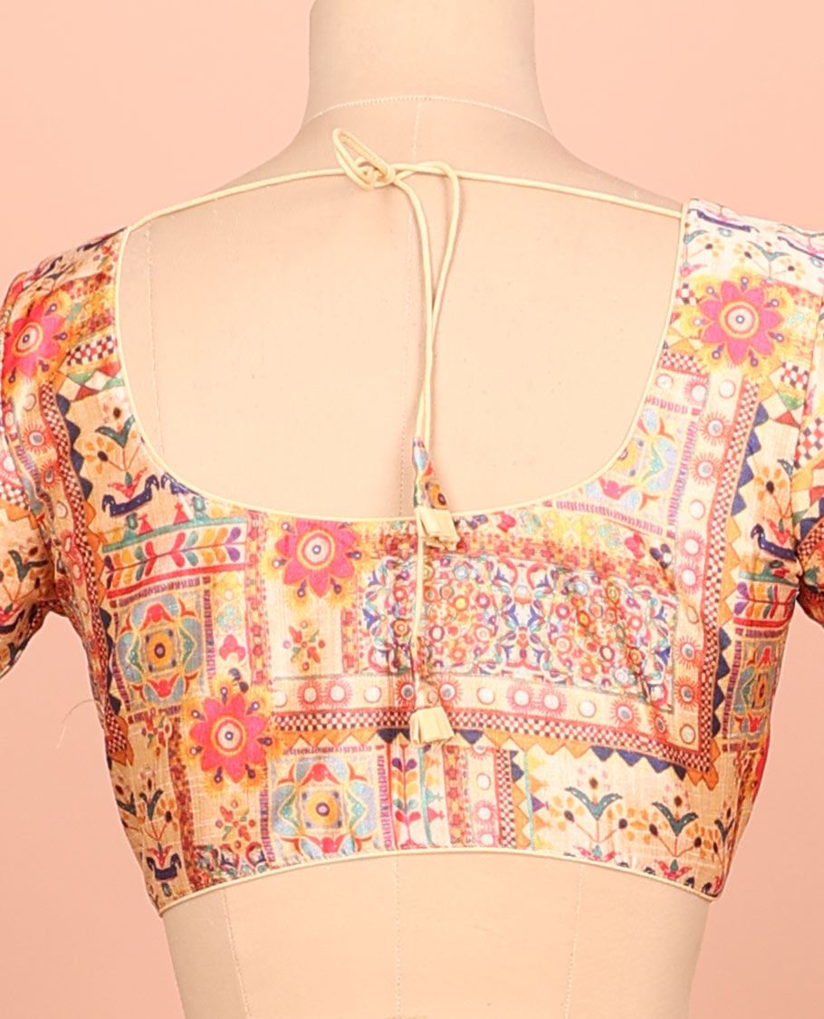 Multi-color intricately printed front-back round-neck elbow sleeve readymade blouse
