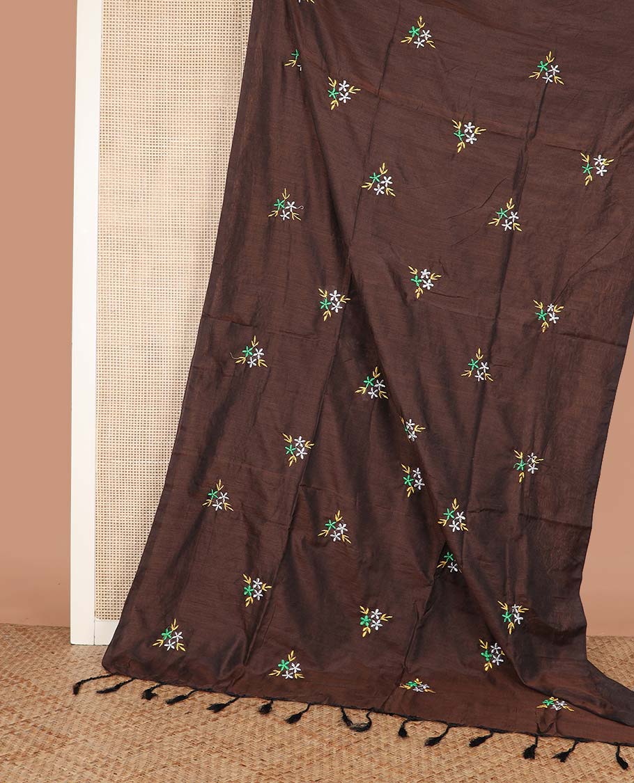 Brown Khadi Cotton Saree Ornamented with Triangle Motifs Embroidery, Pallu Spotlighted with Triangle Motifs Embroidery, and Paired with a Matching Blouse