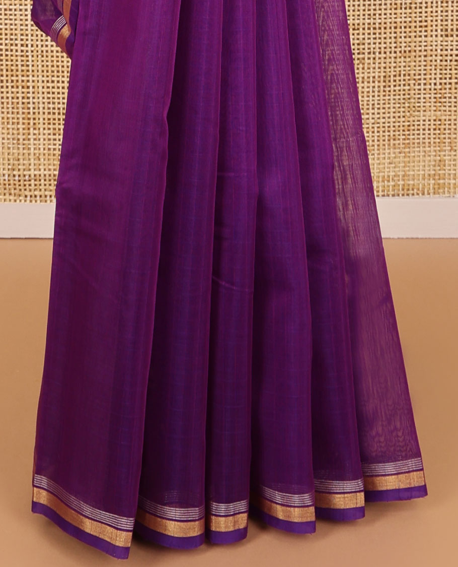 Purple checked silk cotton saree with self zari border & geometric design pallu