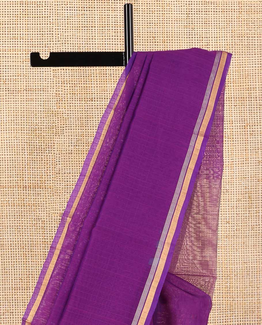 Purple checked silk cotton saree with self zari border & geometric design pallu