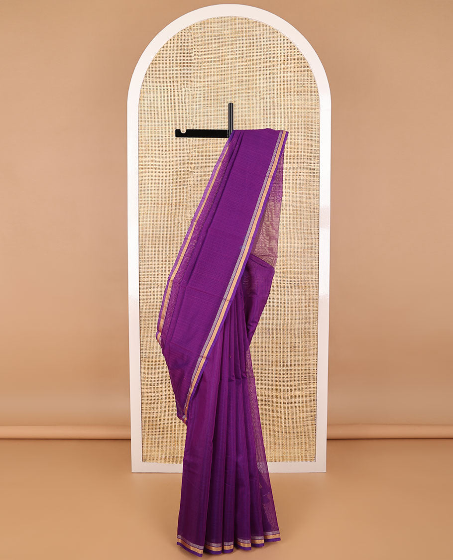 Purple checked silk cotton saree with self zari border & geometric design pallu