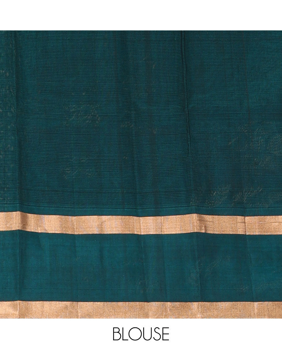 Grey floral zari buttas silk cotton saree, contrast zari buttas woven border, and pallu of floral and leaf motifs