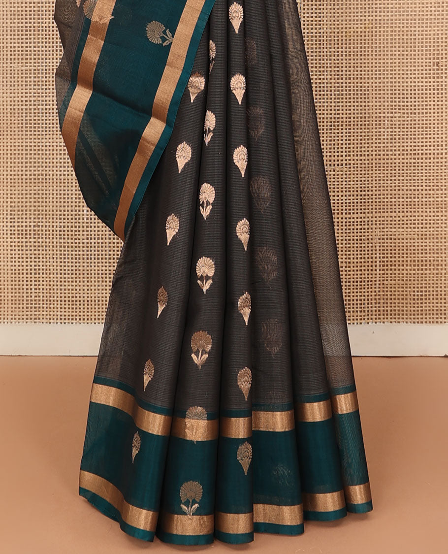 Grey floral zari buttas silk cotton saree, contrast zari buttas woven border, and pallu of floral and leaf motifs