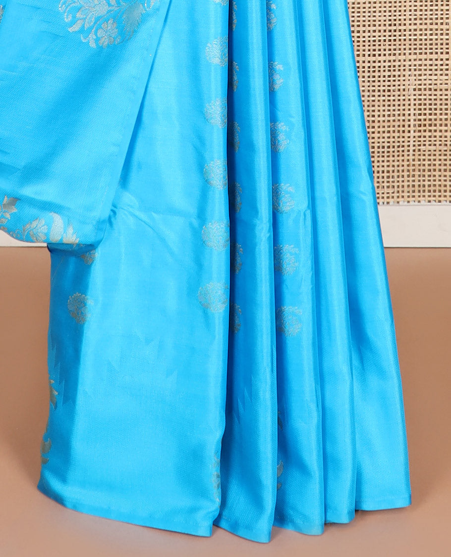 Light blue buttas soft silk saree with self flower design border & zari design pallu