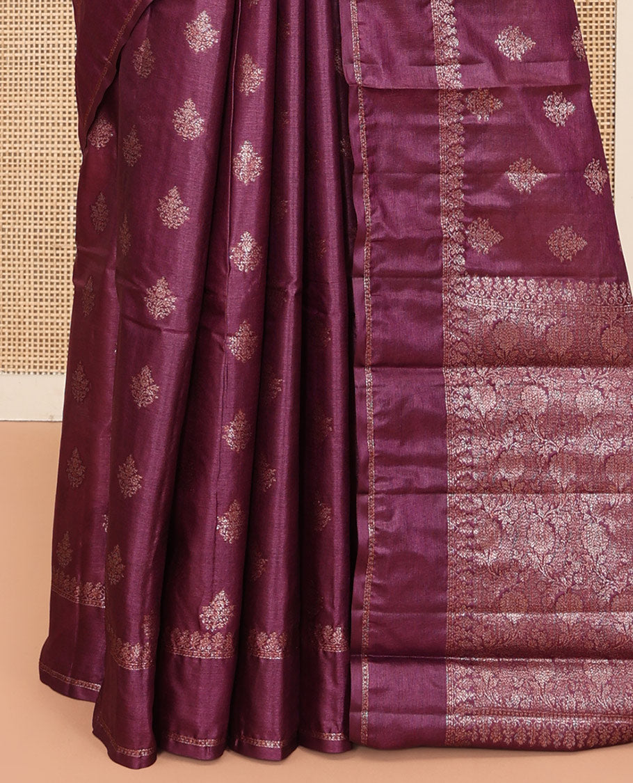 Brown Tussar Silk Saree Features Zari Buttas, a Zari Border, Intricately Designed Pallu, and a Matching Blouse