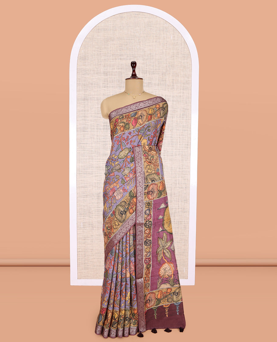 Lavender Kalamkari Printed Fancy Tussar Saree