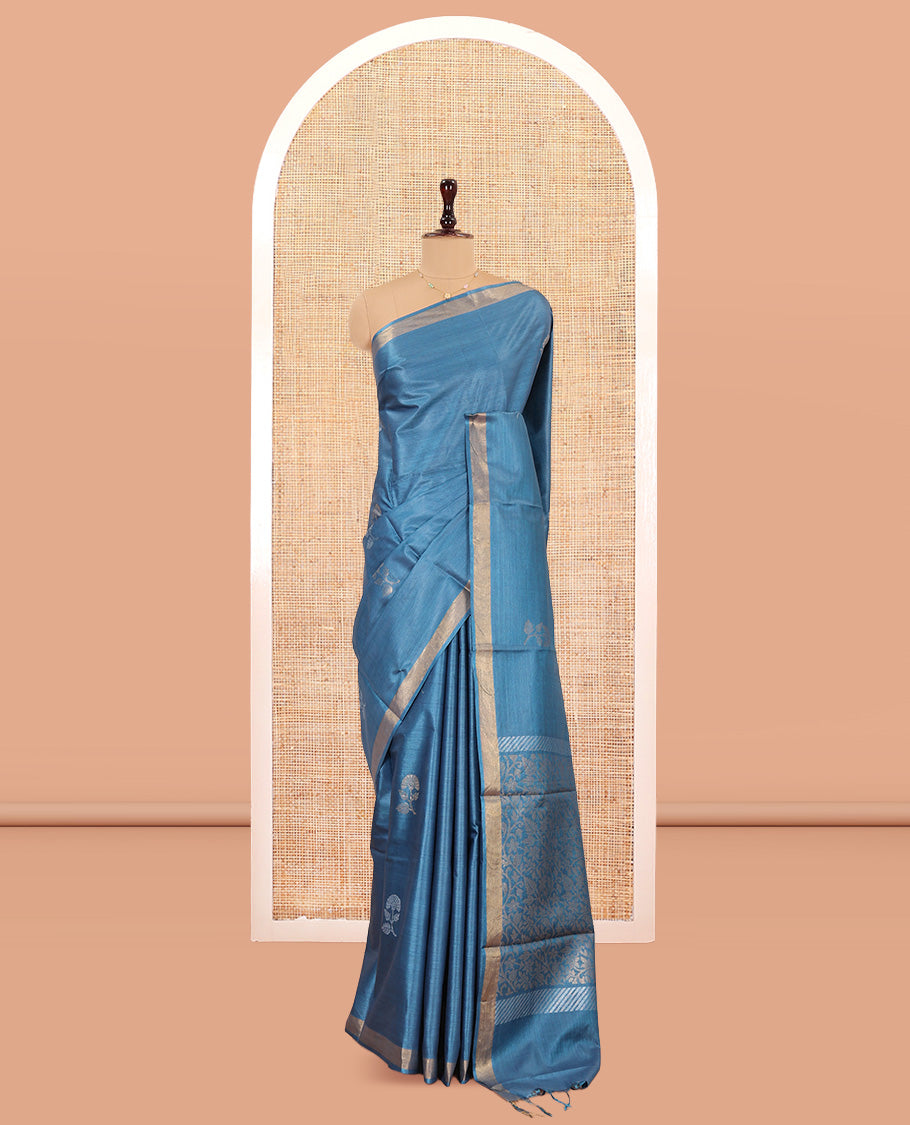 Blue Tussar Saree, Crafted with Buttas, a Piping Border, Floral Vine-Woven Pallu, and a Matching Blouse
