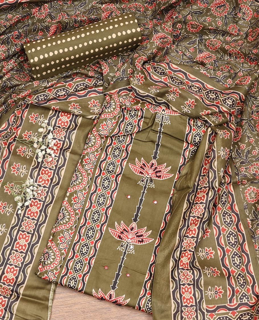 Green Material Chudidar Set, Artfully Detailed with Ajrakh Printed Cotton Top, Complemented by Printed Cotton Bottom, and Paired with Floral Printed Cotton Dupatta