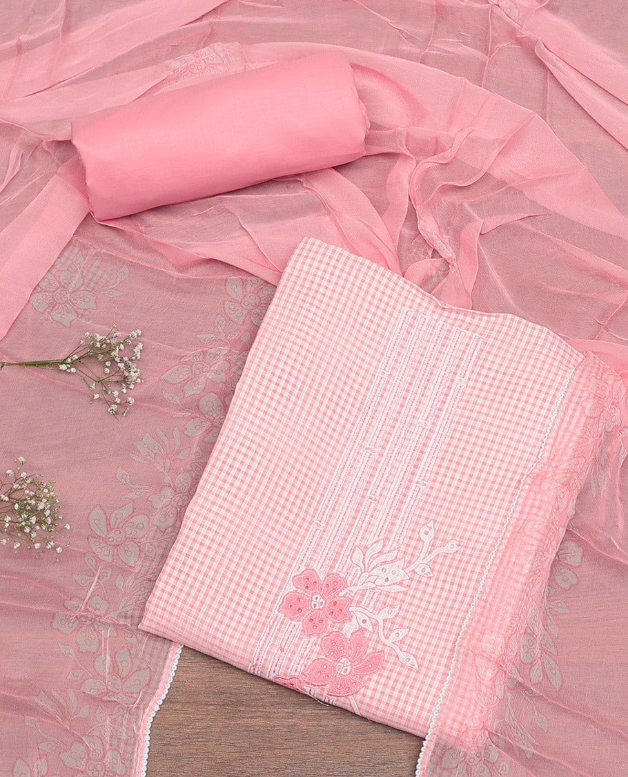 Pink Cotton Material Churidar Set, Beautified with Checked and Floral Embroidery Top, Plain Bottom, and Floral Printed Dupatta