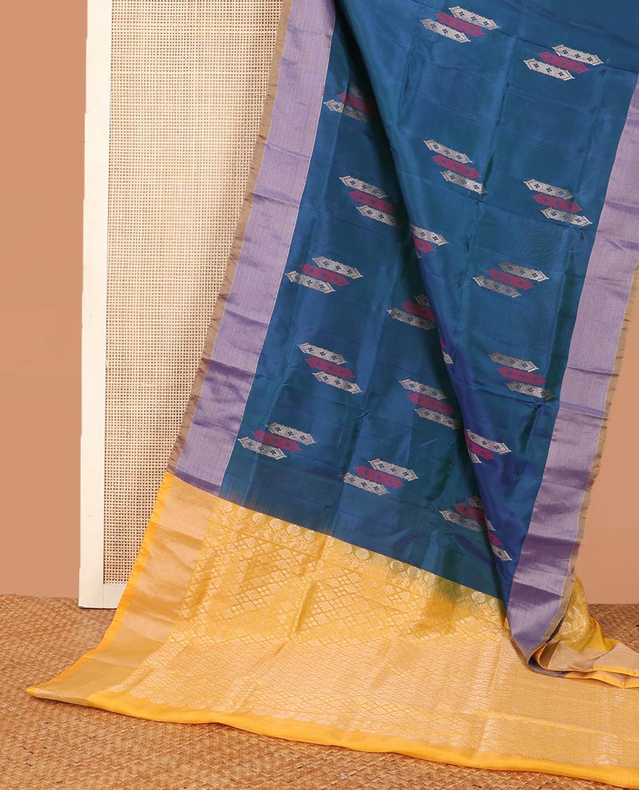 Blue zari buttas Uppada saree, contrast bavanji border, and jaal pallu
