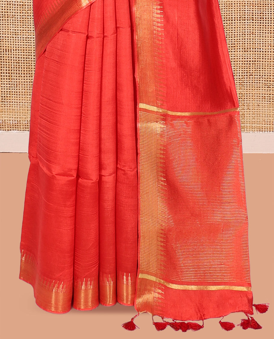 Red Plain Banana Pith Saree, a Zari Temple Border, Striped Pallu, and Matching Blouse