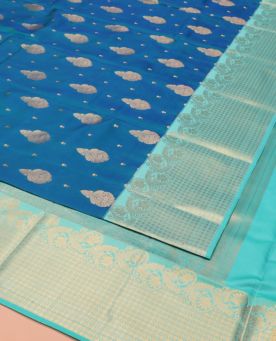 Blue Vasundhara Lite-Silk Mix Saree, Elevated with Zari Buttas, Highlighted by Contrast Border of Kodi Visiry and Rudraksham Designs, Pallu of Rudraksham Butta Enclosed Checks, and Paired with a Contrast Blouse