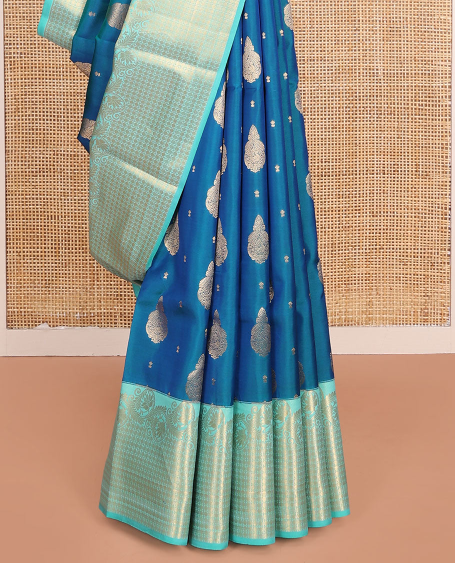 Blue Vasundhara Lite-Silk Mix Saree, Elevated with Zari Buttas, Highlighted by Contrast Border of Kodi Visiry and Rudraksham Designs, Pallu of Rudraksham Butta Enclosed Checks, and Paired with a Contrast Blouse