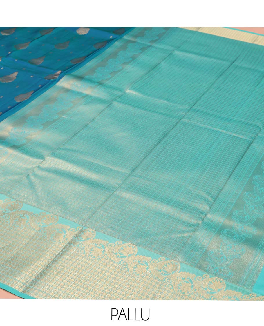 Blue Vasundhara Lite-Silk Mix Saree, Elevated with Zari Buttas, Highlighted by Contrast Border of Kodi Visiry and Rudraksham Designs, Pallu of Rudraksham Butta Enclosed Checks, and Paired with a Contrast Blouse