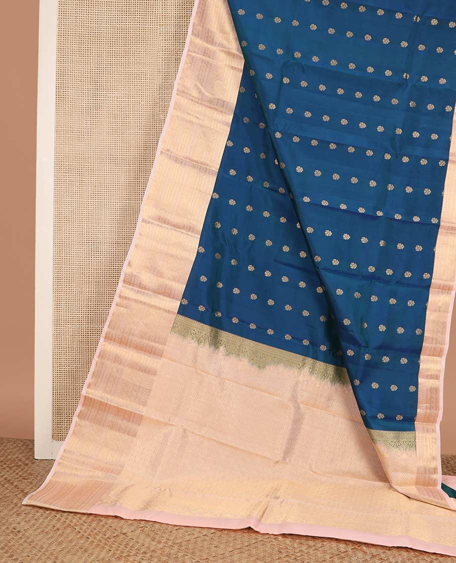 Blue zari buttas Vasundhara silk mix saree, contrast border of muthu, kathir, neli, rettai neli, rudraksham, and mayil designs, and jaal pallu