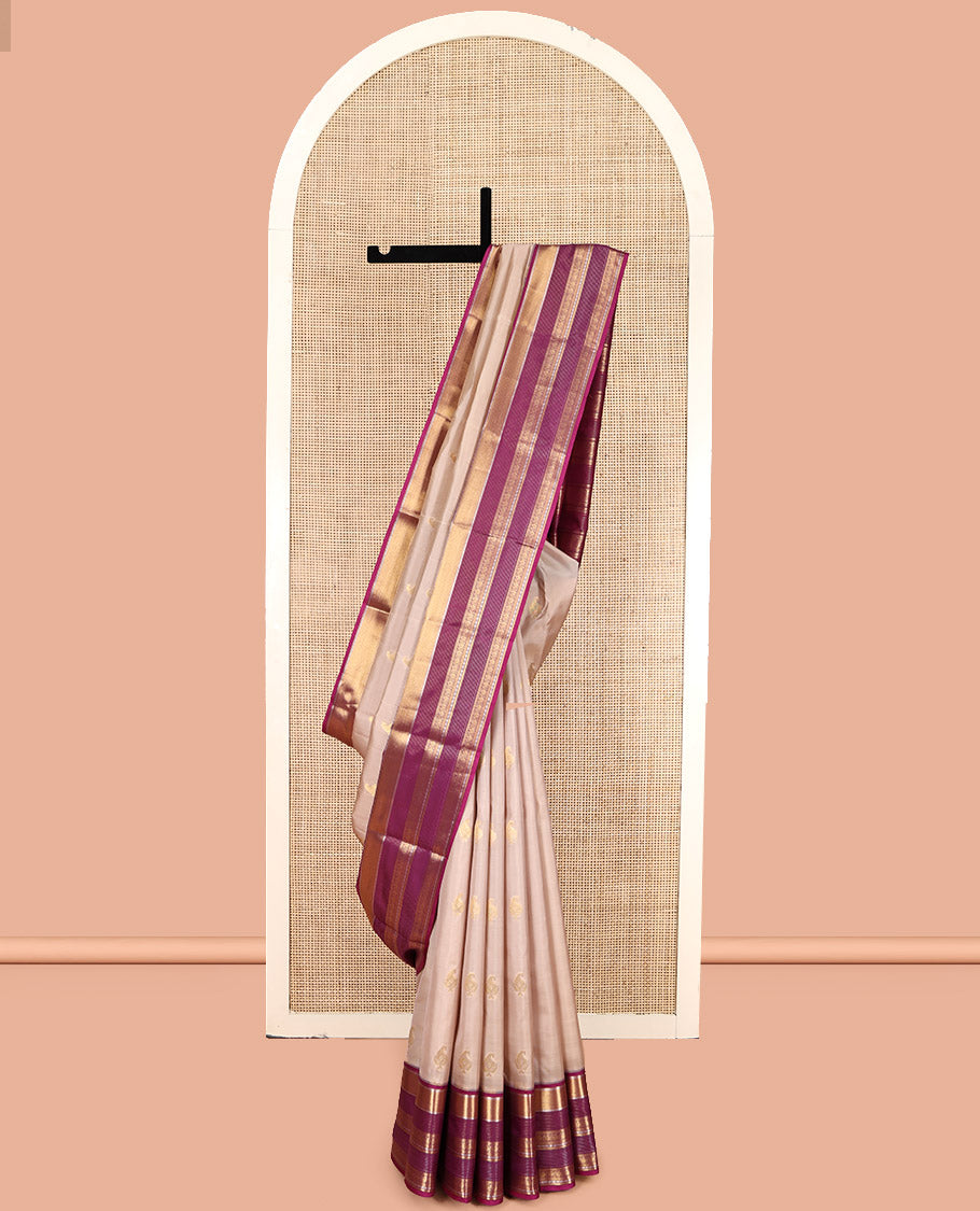 Sandal Vasundhara Lite Silk Mix Saree, Sparsely Woven with Zari Buttas, Complemented by a Contrast Border of Mayil Kann and Mayil Designs, Traditional Zari Pallu, and a Contrast Blouse