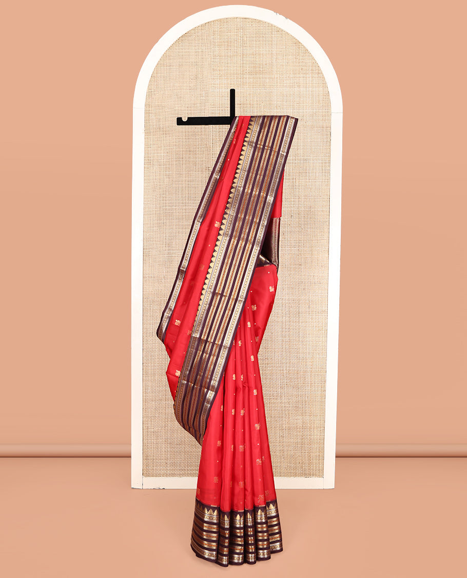 Red Mayil Buttas Vasundhara Lite-Silk Mix Saree, Complemented by a Contrast Temple Border of Kathir, Kamalam, and Manga Designs, Grand Pallu, and a Contrast Blouse