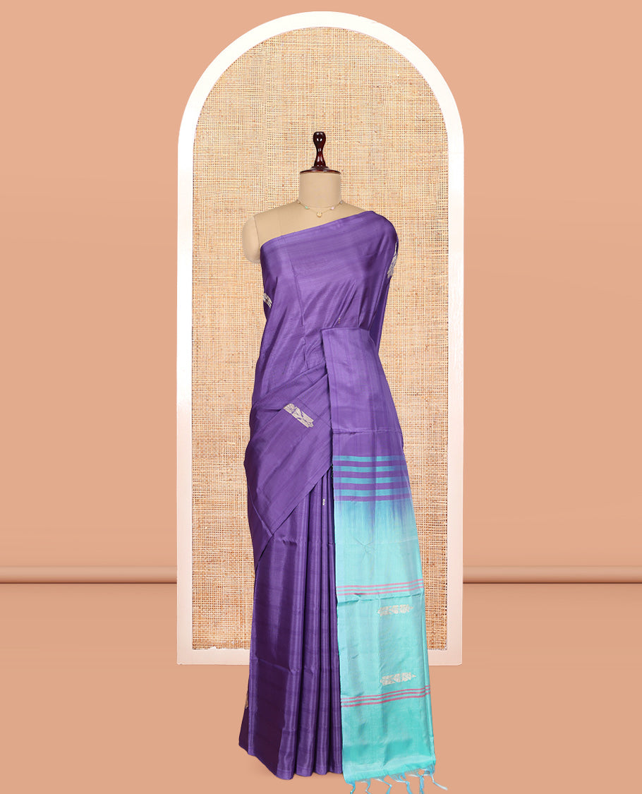 Borderless Violet Banana Pith Saree, Woven with Buttas, Complemented by a Contrast Pallu of Stripes and Buttas, and a Contrast Blouse