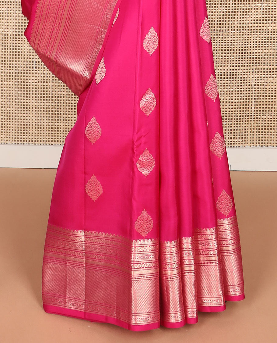 Pink buttas silk saree with self border of thilakam mokku, mayil kann , banaras design & zari design pallu