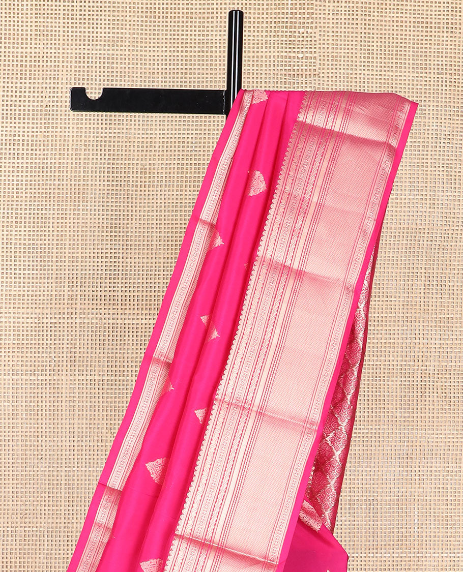 Pink buttas silk saree with self border of thilakam mokku, mayil kann , banaras design & zari design pallu