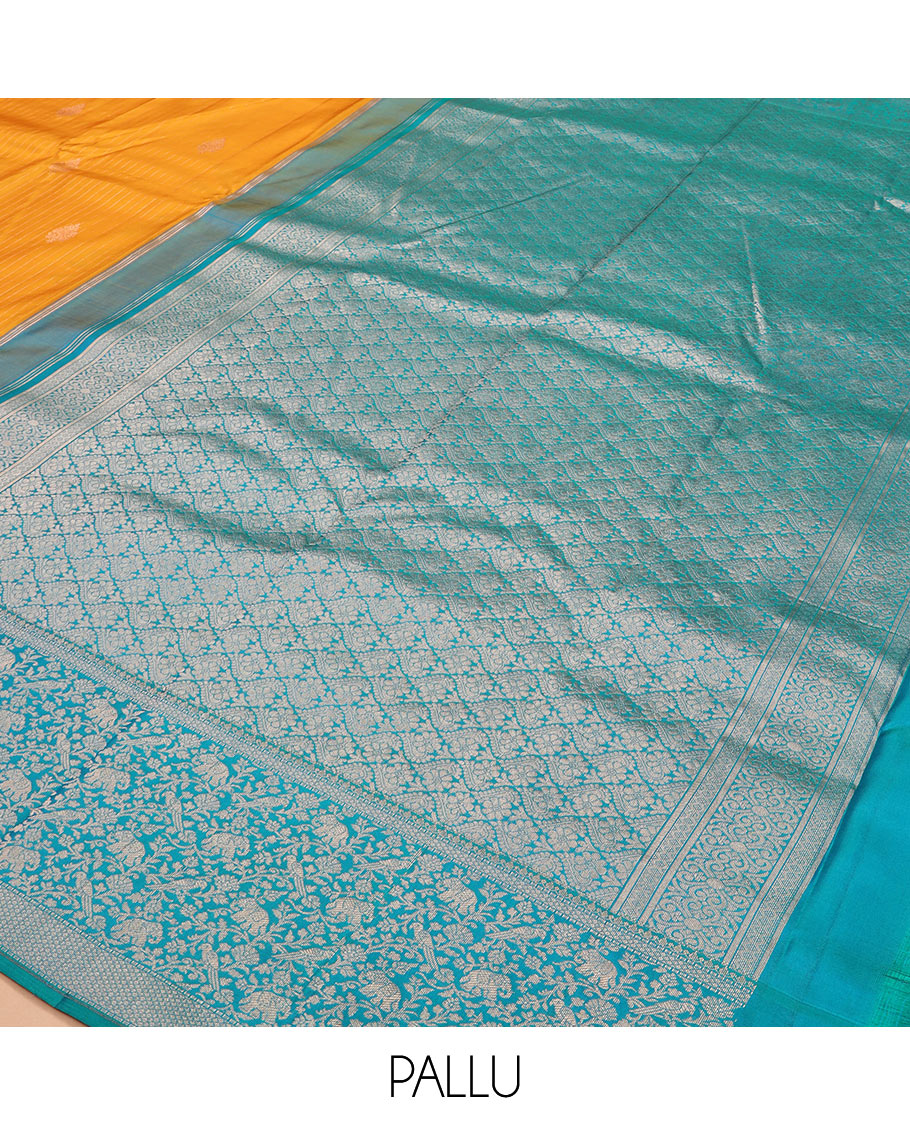 Yellow striped and zari buttas silk saree with contrast vanasingaram border of yaanai, killi, and kodi visiry designs, and jaal pallu